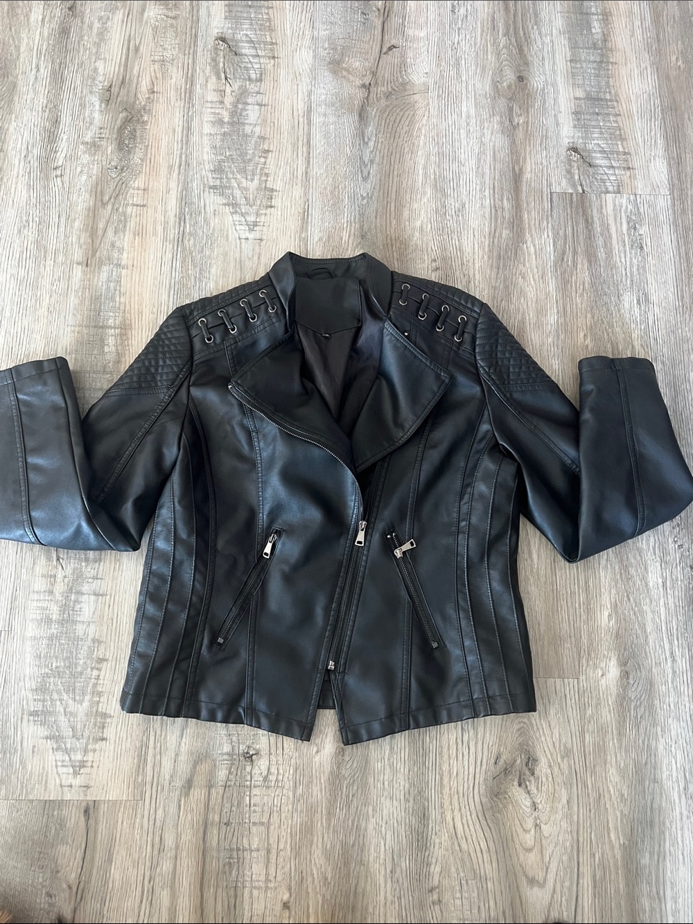 Women's Black Faux Leather Moto Jacket with Lace-Up Shoulders